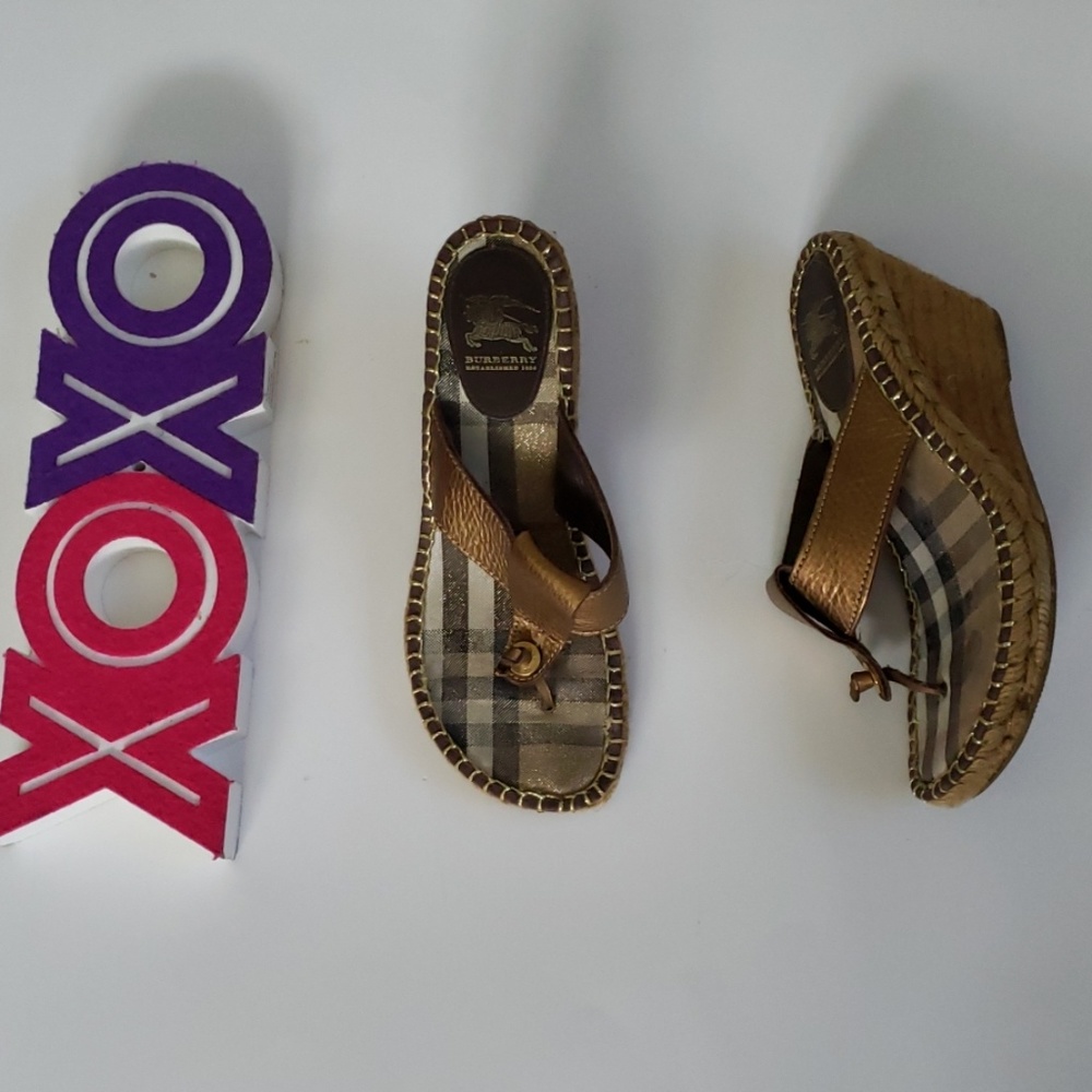 Burberry Metallic Bronze Wedge Espadrille Flip Flops